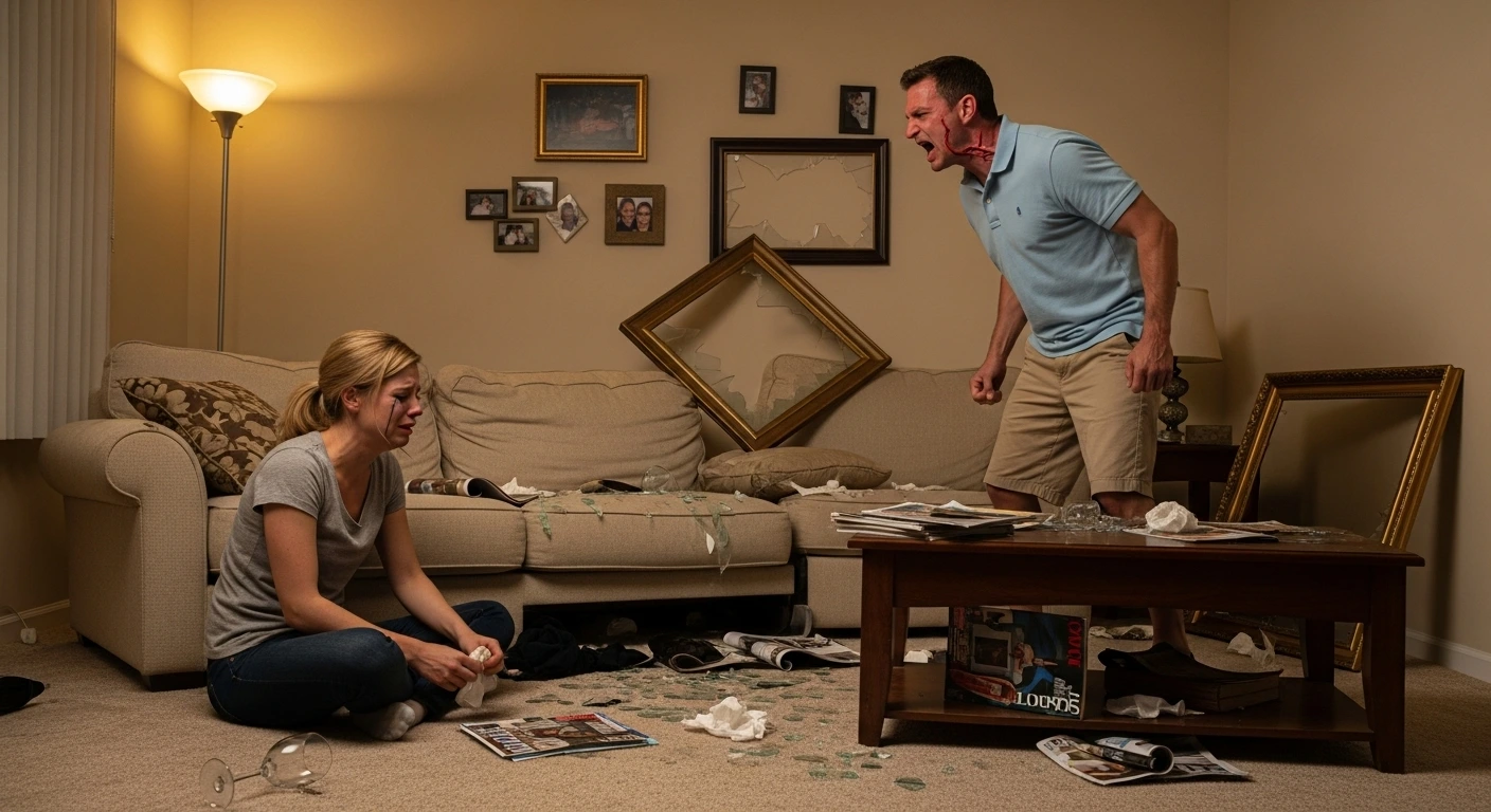 Suburban living room in chaos during domestic fight, broken wine glass, yelling and crying.