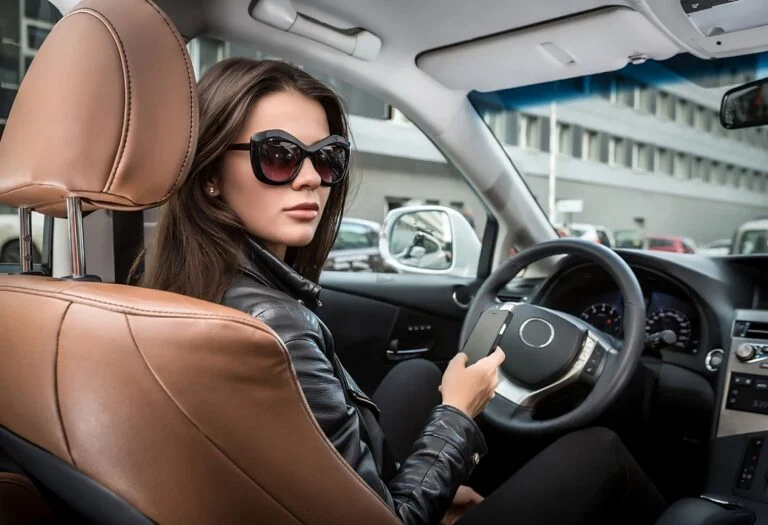 Stylish woman in sunglasses and leather jacket sitting in car driver’s seat holding a smartphone