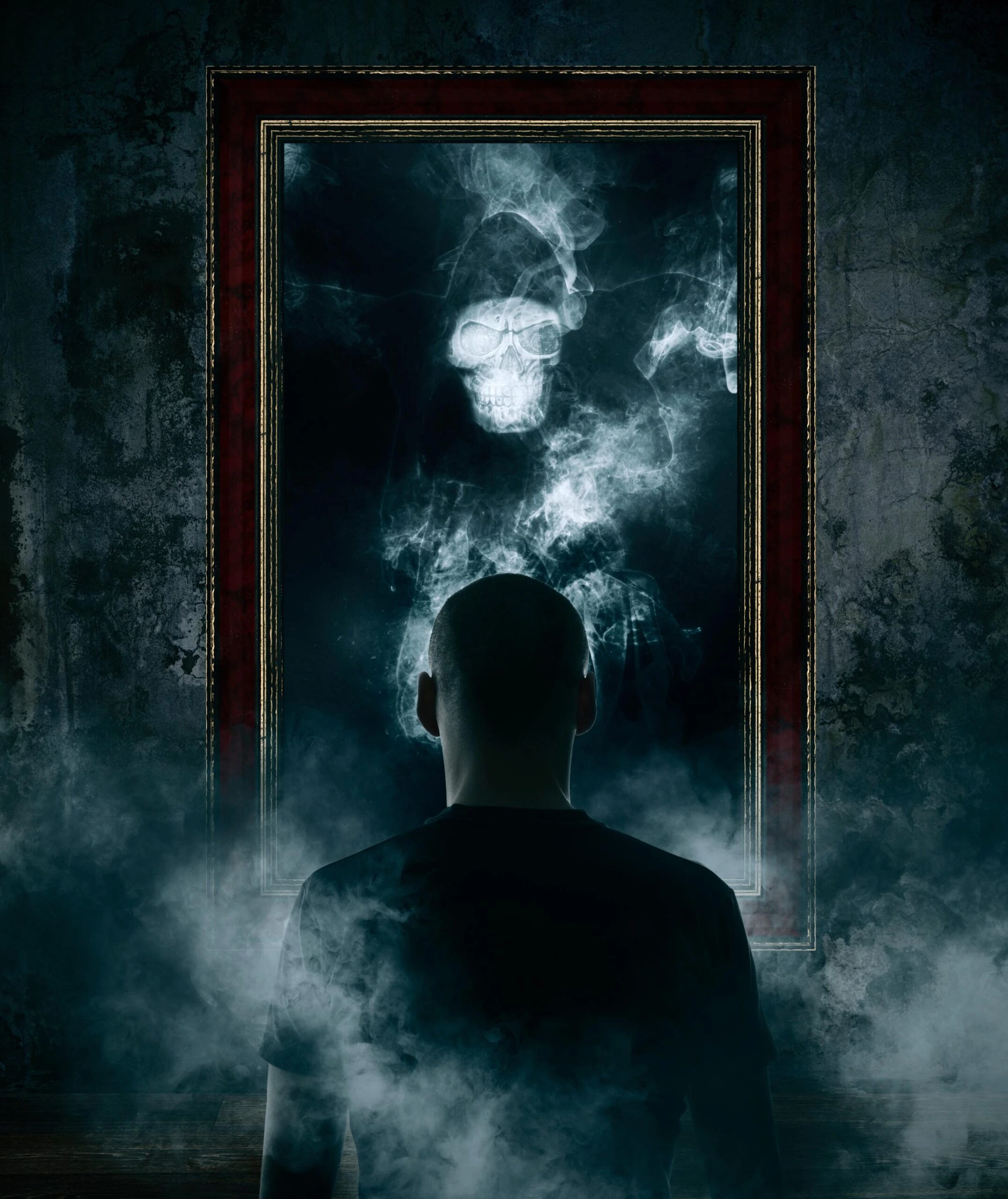 Man stares at a mirror showing a smoky grim reaper skull figure in a dark, eerie atmosphere.