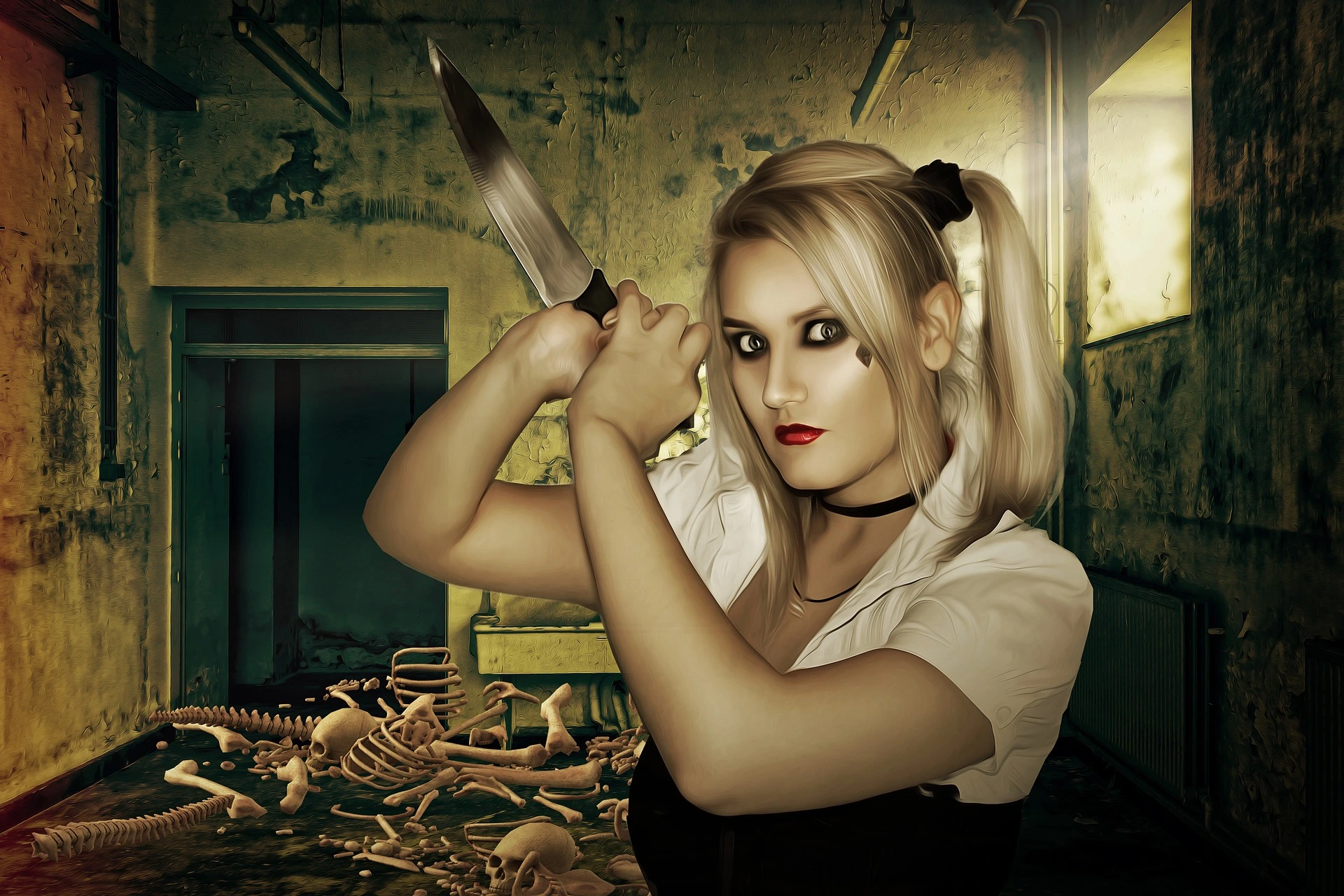 Digital illustration of a blonde woman with pigtails holding a knife, standing in a room filled with skeleton remains and a decayed background.