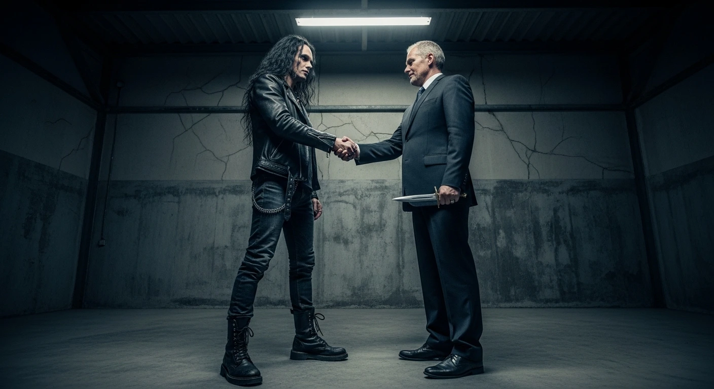 Two men shake hands in a bleak room, one concealing a dagger behind the greeting.
