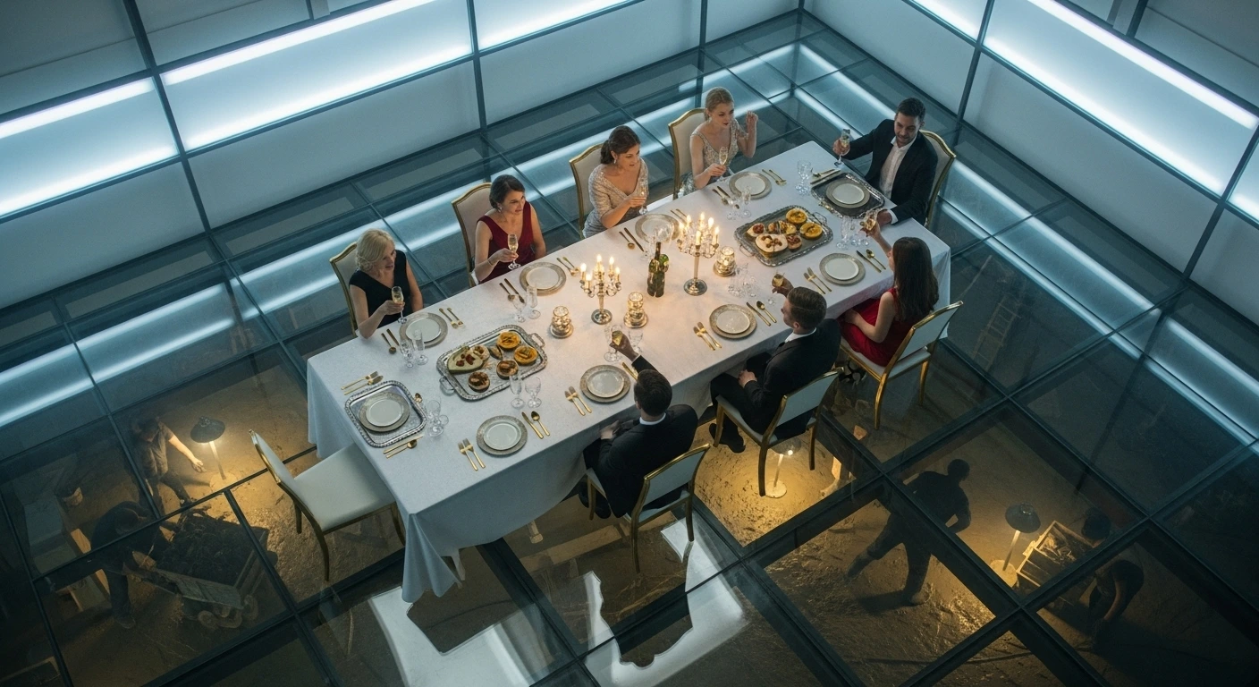 Wealthy guests toast at a luxury dinner table above workers seen through glass floor.