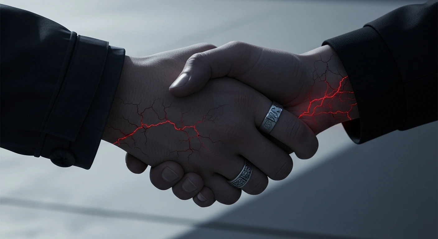 Glowing cracks spread across two hands locked in a handshake, symbolizing betrayal.
