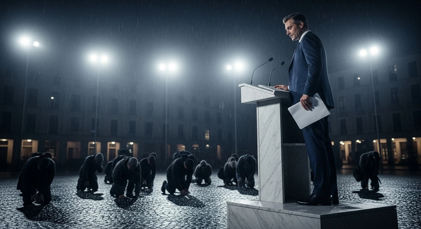 Politician in suit looks down from podium while people kneel in shadows under harsh lights.