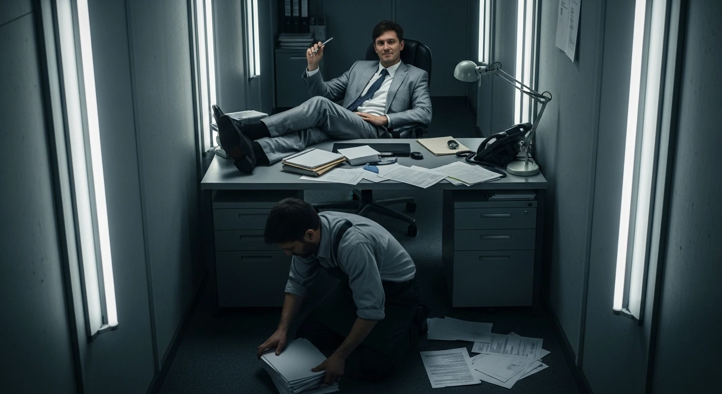 Manager in gray suit reclines smugly at desk while worker kneels on floor gathering papers.
