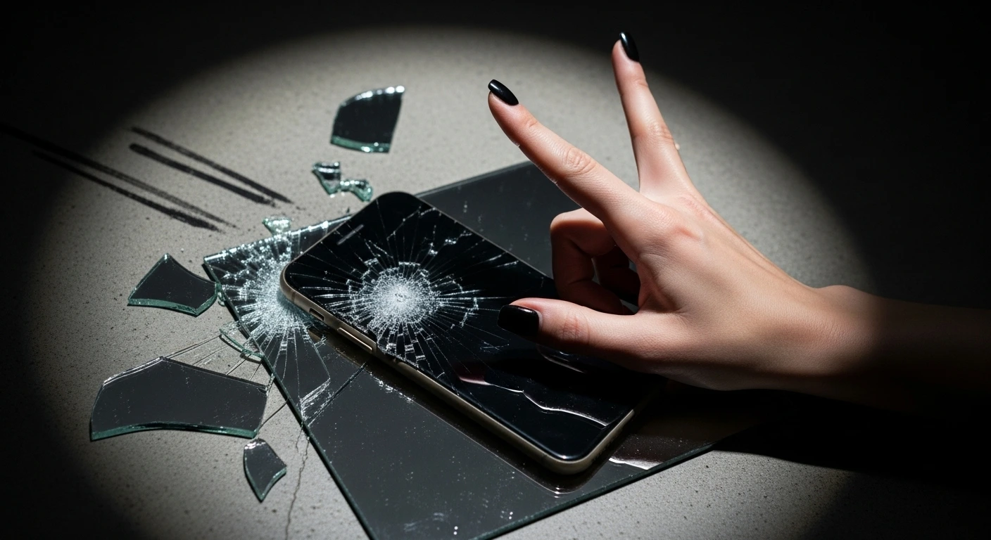 Hand with black nails flashing horns sign over shattered smartphone and broken glass on dark surface.