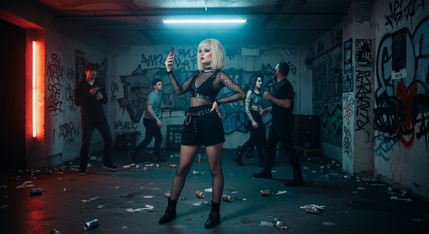 inluencers in subcultures: Blonde influencer in fishnet outfit taking selfies in a graffiti-covered basement while others hang out.