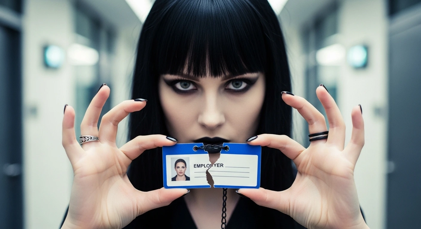 Gothic woman breaking employee ID badge, showing defiance against toxic workplace.
