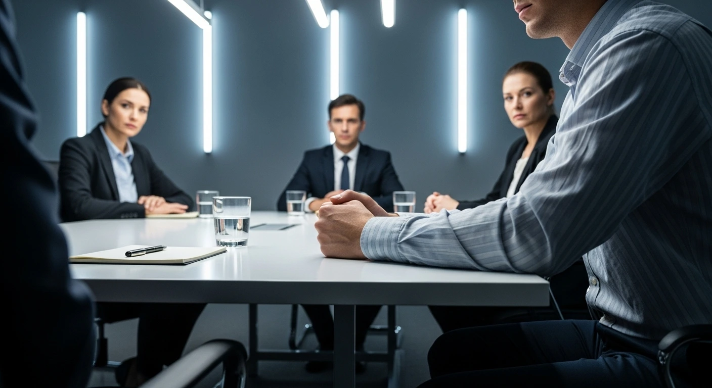 Corporate HR meeting with tense atmosphere, workers facing silent confrontation.
