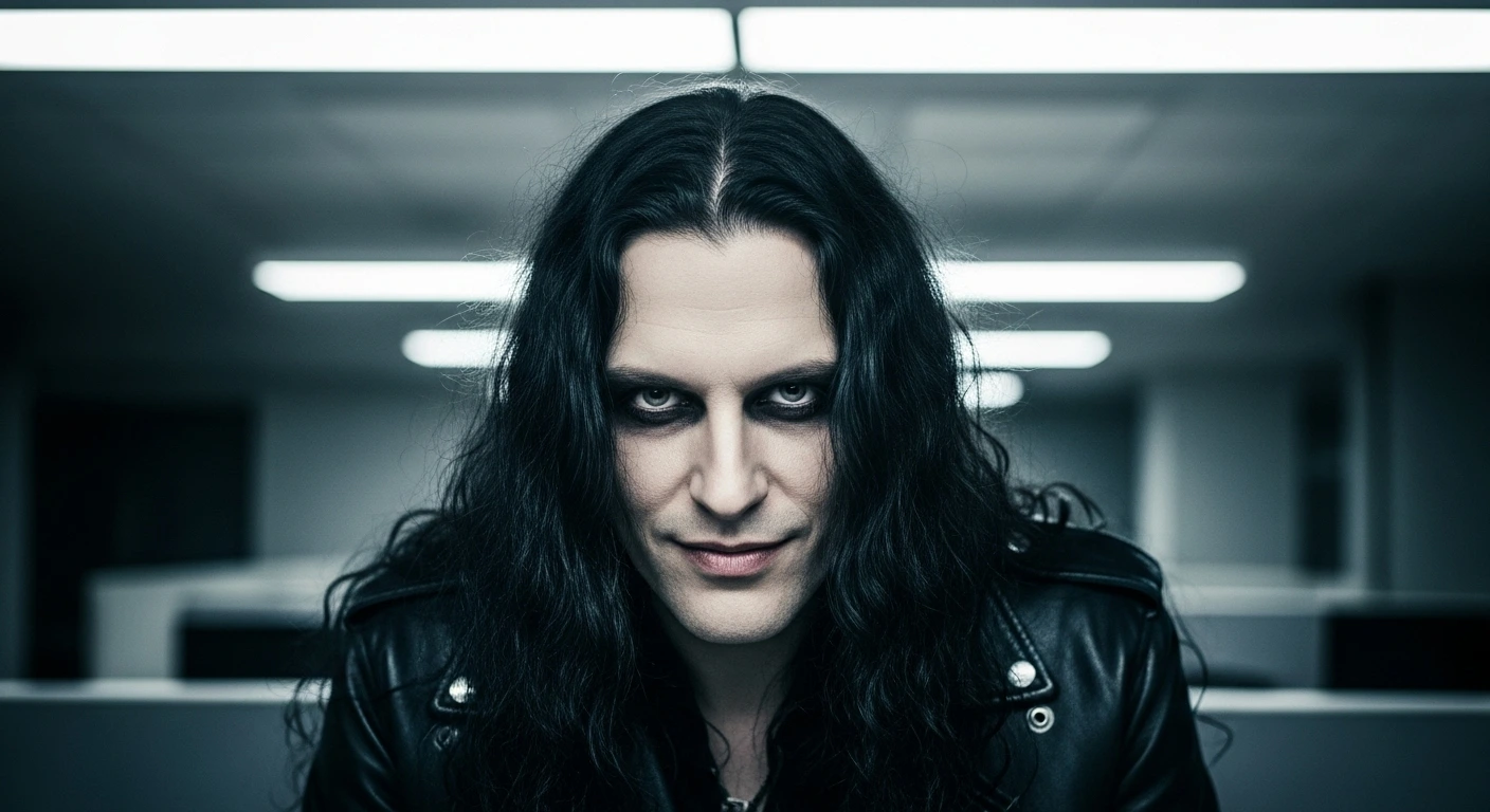 Gothic man in leather jacket under office lights, defiant stare symbolizing rebellion.