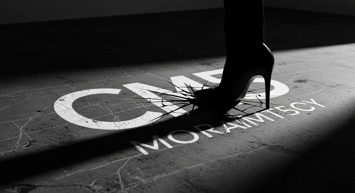 High heel crushing company logo on cracked floor, representing destruction of false power.