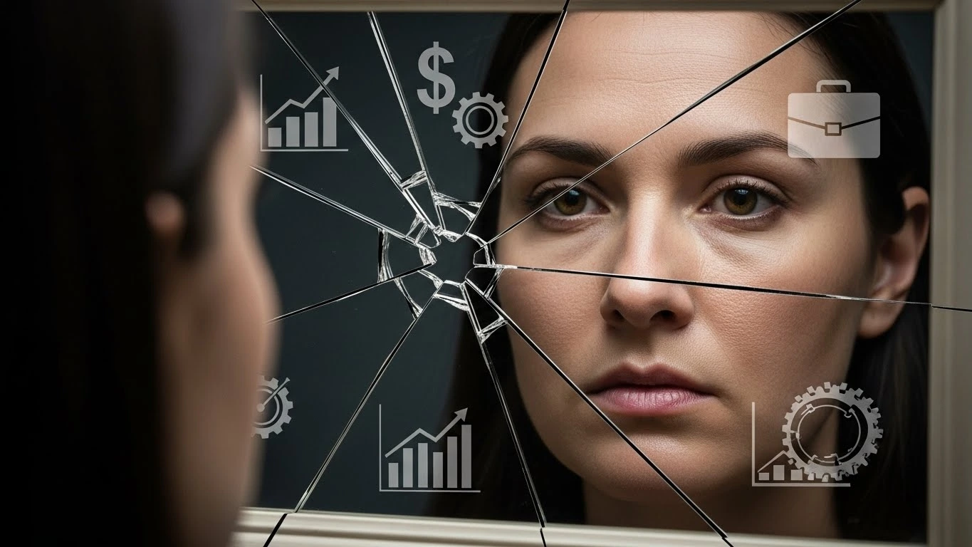 Visual of emotional labor expectations for women shown by a female employee pressured to smile.