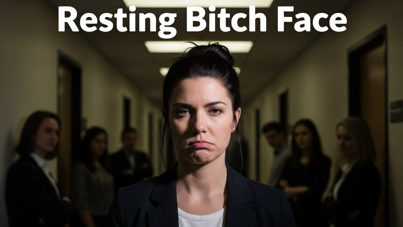 Shot highlighting resting bitch face stigma as a woman maintains a neutral expression under scrutiny.