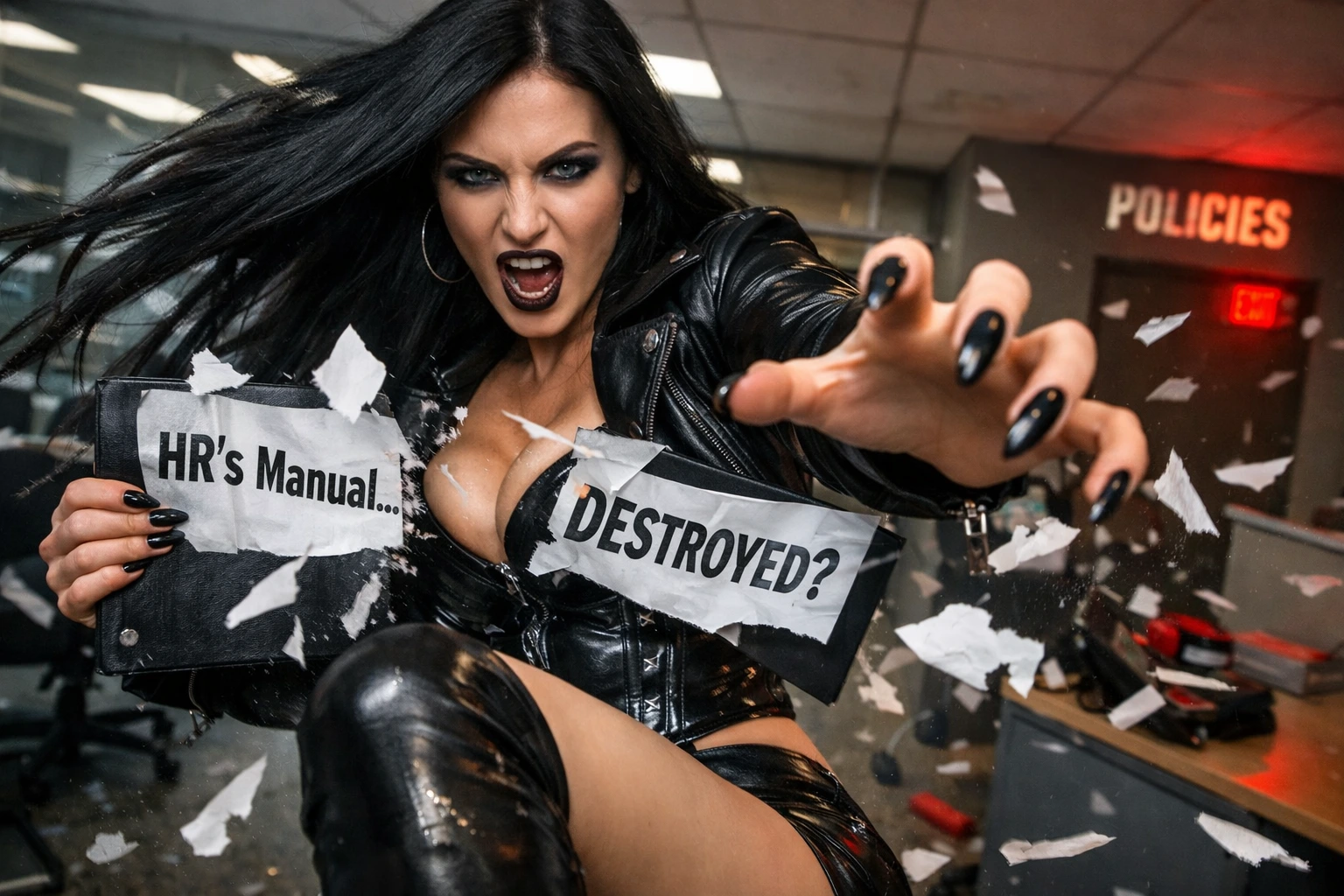 Woman in black leather outfit tearing an HR manual in an office, papers flying as she lunges forward with an aggressive expression.