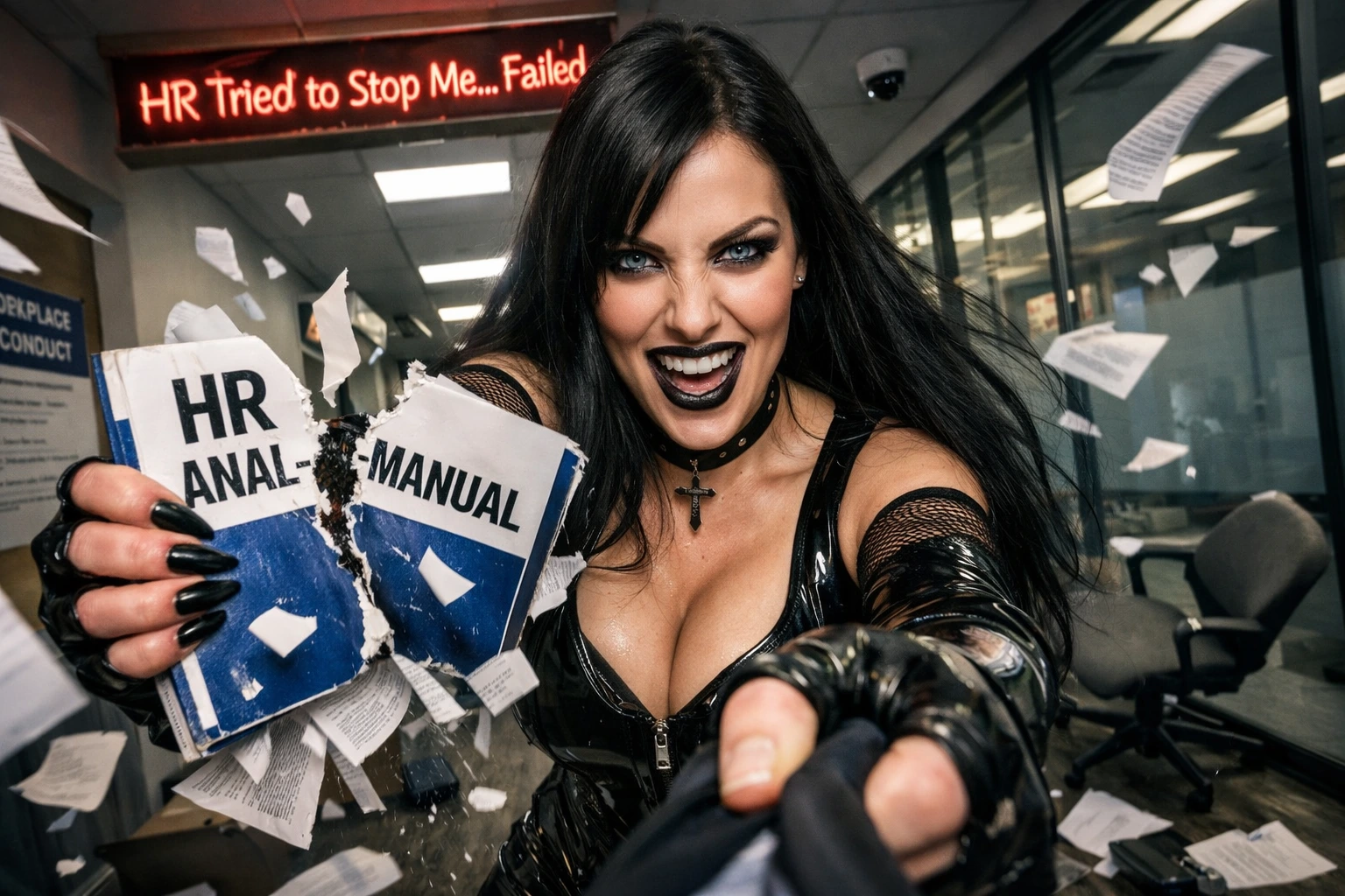 Woman in black latex outfit ripping an HR manual toward the camera in an office corridor, neon sign reading “HR Tried to Stop Me… Failed.”
