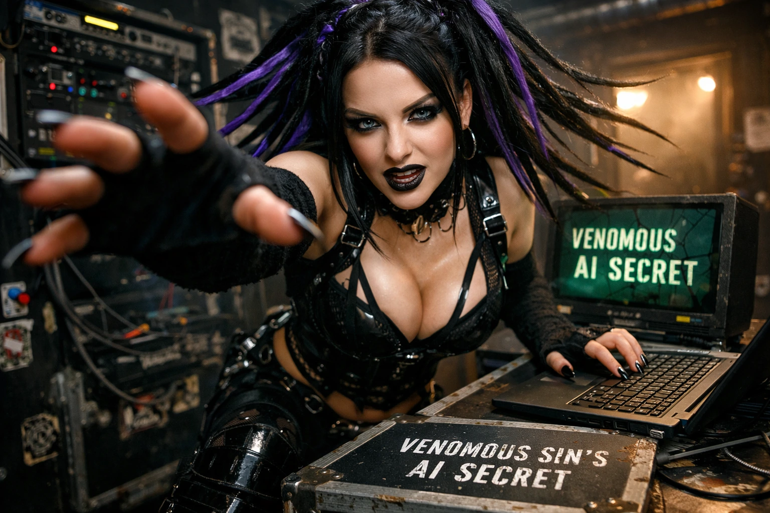 Cyberpunk goth woman leaning over laptop in industrial set, reaching forward, black leather outfit, cables and gear, sign reading &ldquo;Venomous Sin&rsquo;s AI Secret&rdquo;.