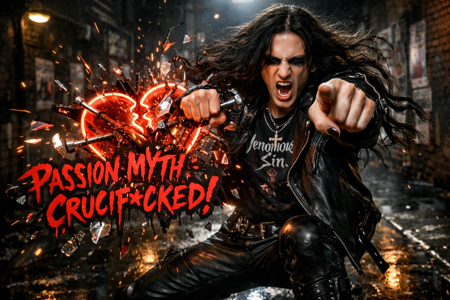 Long-haired metal vocalist punching toward camera as a glowing red heart shatters behind him in a dark urban alley.