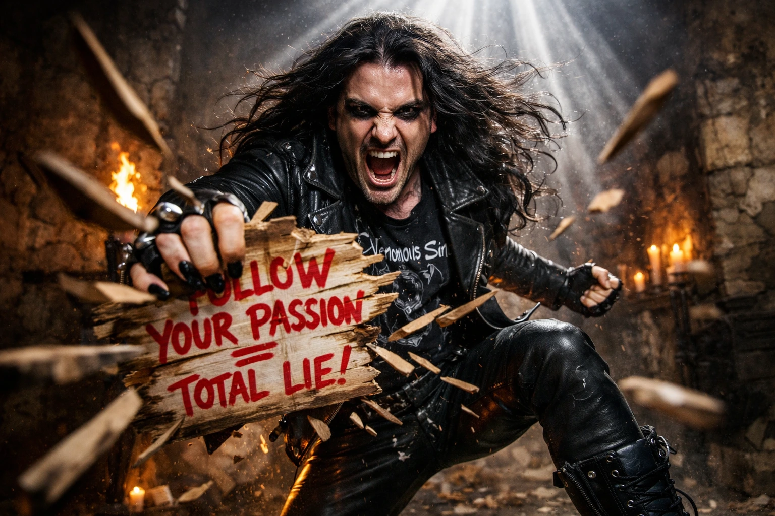 Screaming metal singer smashing a wooden sign reading “Follow Your Passion = Total Lie!” inside a torch-lit stone room.