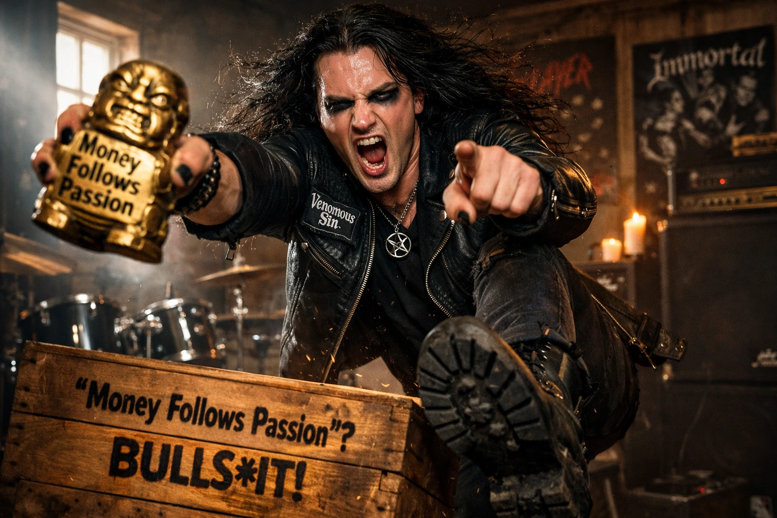 Metal frontman pointing aggressively at the camera while holding a gold idol labeled “Money Follows Passion” in a rehearsal room.