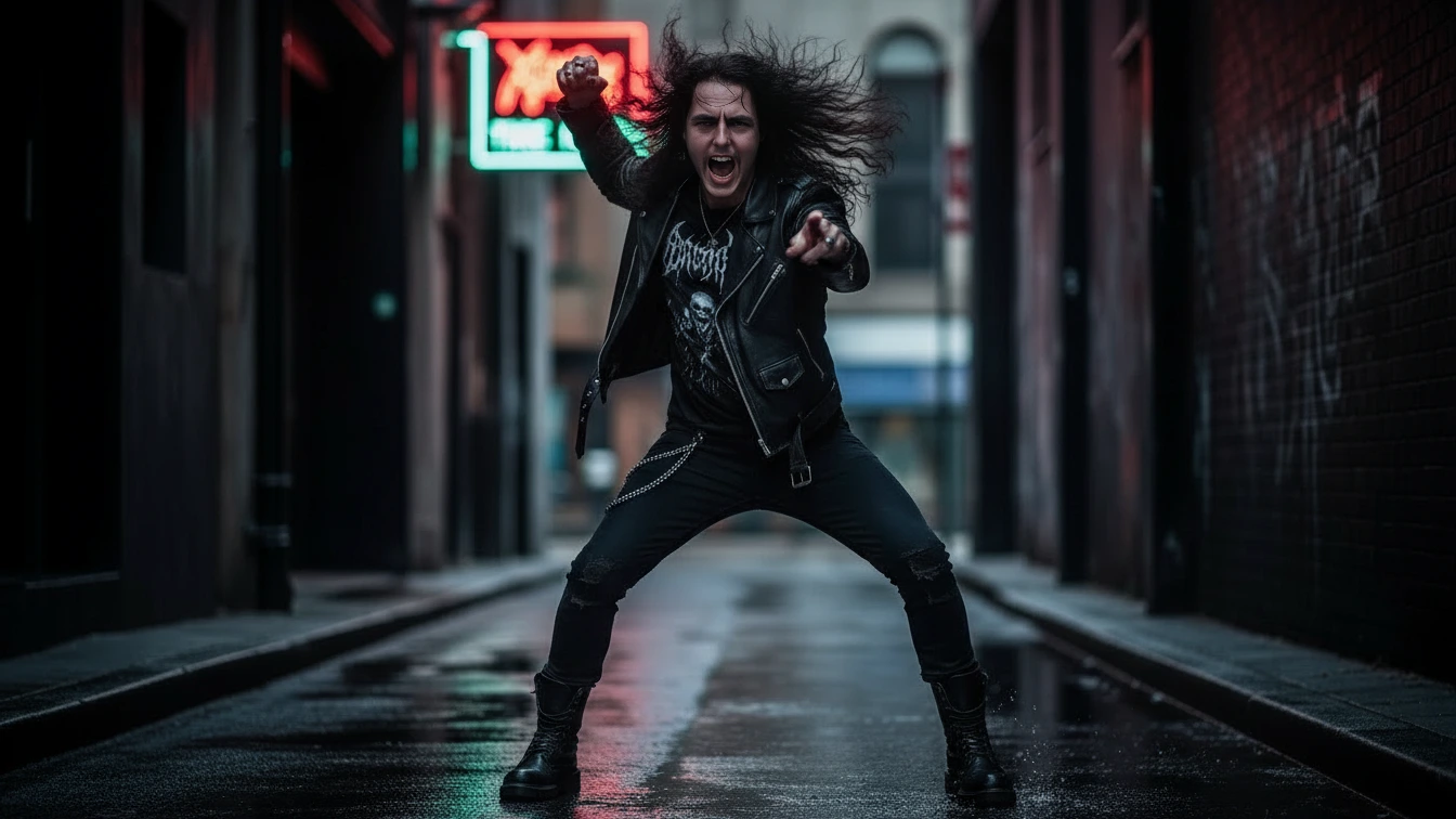  Xavi 'The Lord' in black leather jacket and combat boots, defiant in a neon-lit alley.