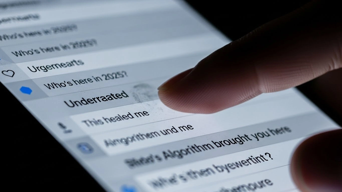 Phone screen showing repetitive music comments like 'Who’s here in 2025?' and 'Underrated'.
