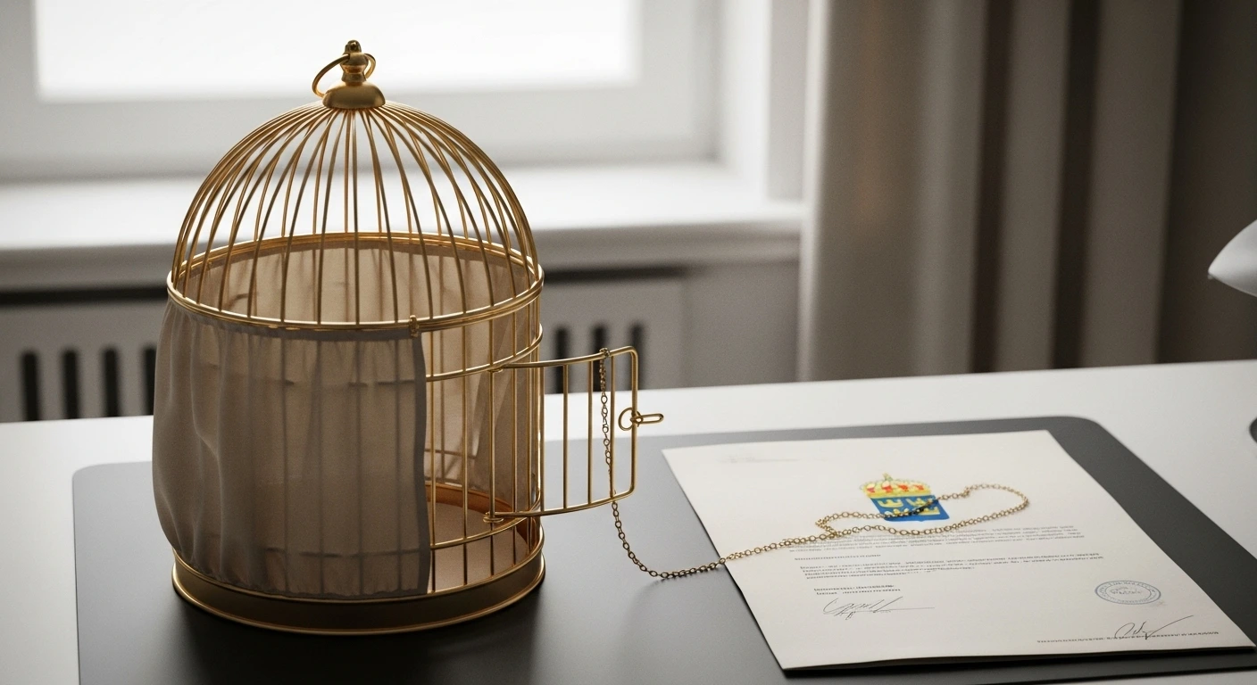 Swedish welfare state control depicted as a gilded cage with a soft, confining safety net