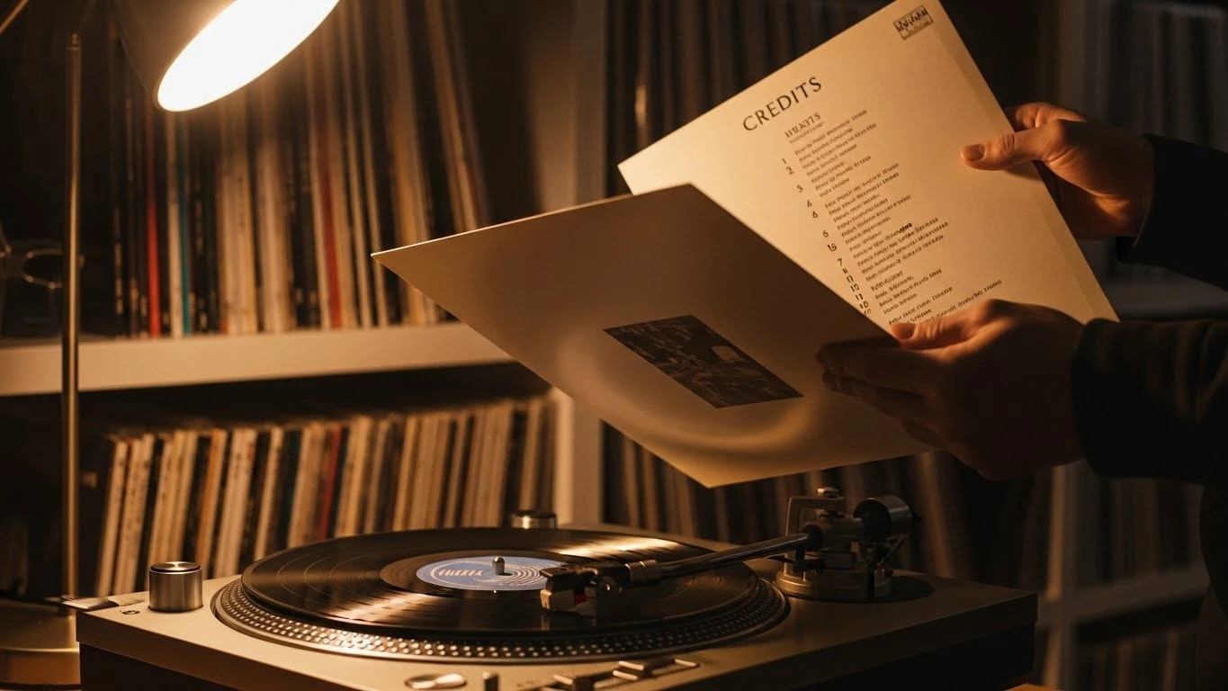 Hands reading vinyl liner notes and credits beside a turntable, choosing an album over a playlist.