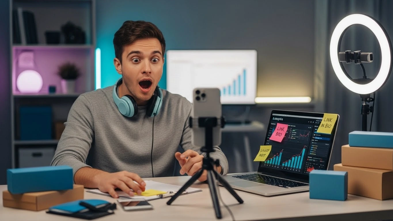 Micro-influencer filming a reaction video beside analytics graphs and 'link in bio' notes.