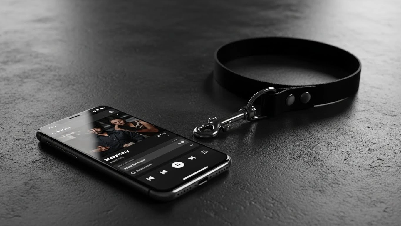 Smartphone on concrete floor with a leash clipped to it, symbolizing algorithm control over music feeds.