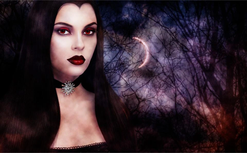 Dark gothic portrait of a pale woman with red eyes and black lipstick against a night forest background with crescent moon.