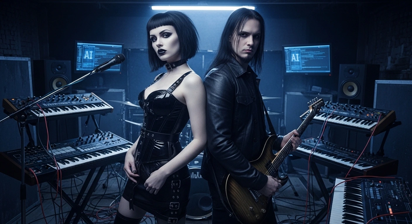 Venomous Sin NYX-END creative rebellion against AI conformity, raw studio scene of goth and metal artists vs machine