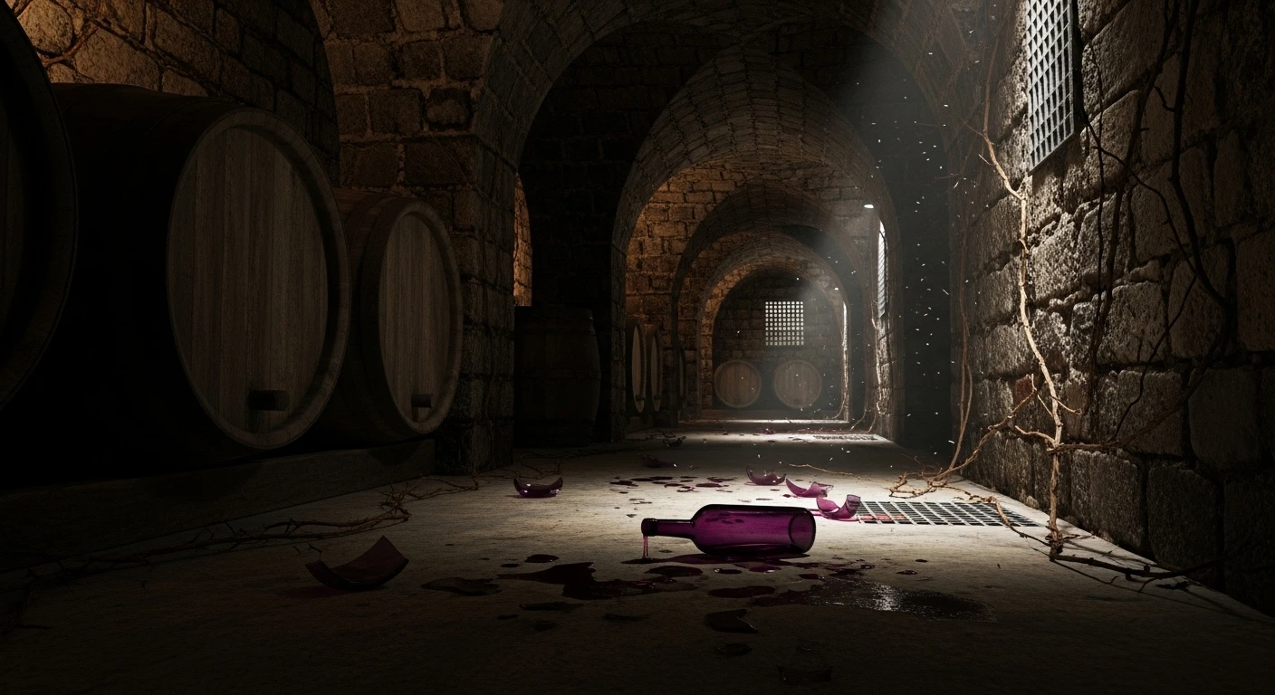 Venomous Sin atmosphere in a haunted wine cellar corridor—barrels, broken glass, and shadows in a labyrinth