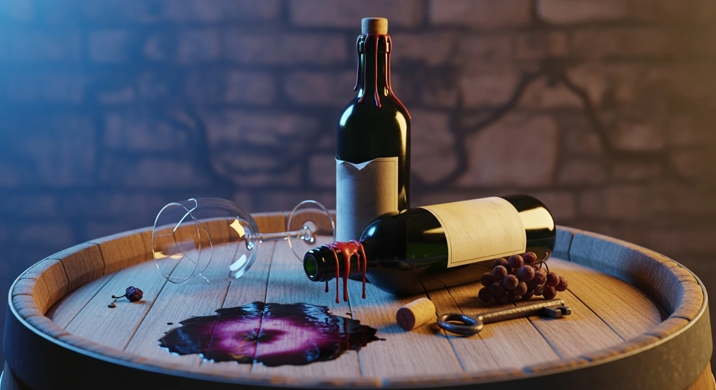 Wine cellar metaphor still-life: corked bottle, cracked glass, bruised wine stain, and rusted key in a desire and memory narrative