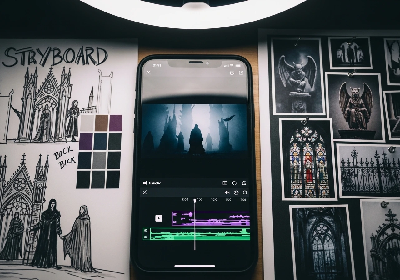 Affordable AI video generation dark visuals mobile editing gothic content creation workflow