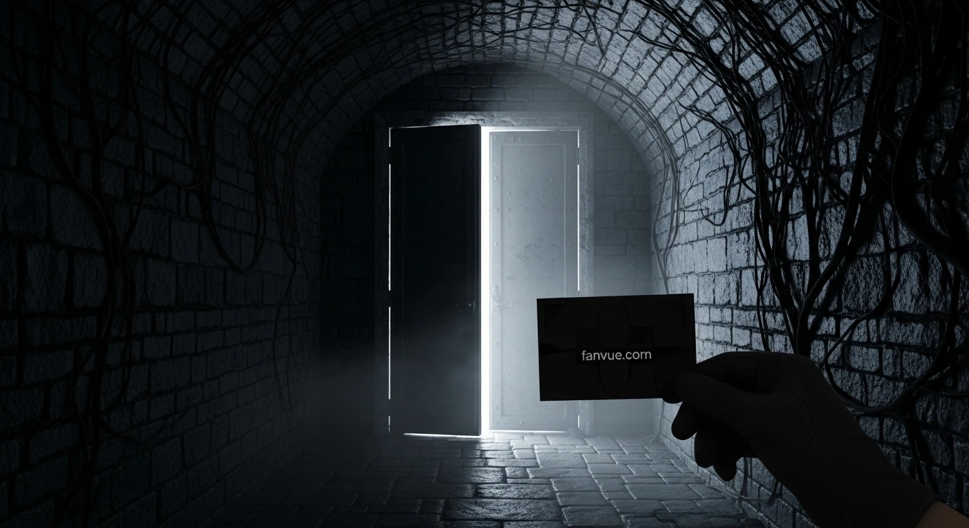 Fanvue invitation for sinners at a cracked cellar door—seductive dark corridor leading into a private horror labyrinth