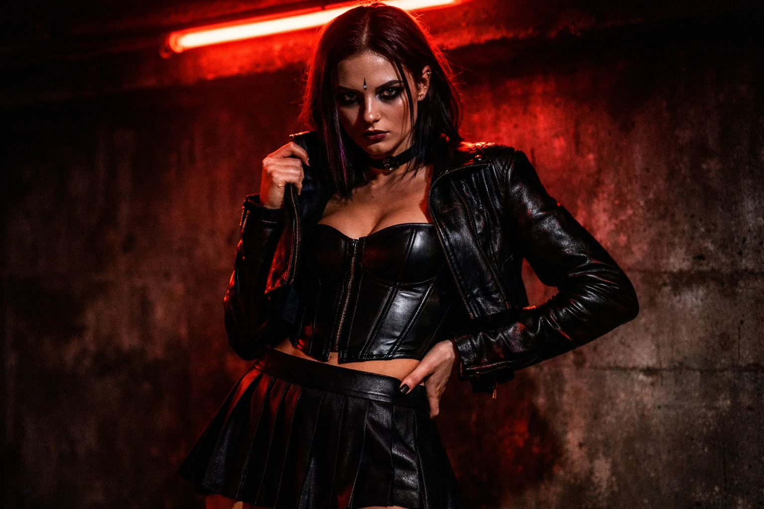 Gothic mini skirt outfit with a pleated skirt and corset top for a sharp, club-ready aggressive look.
