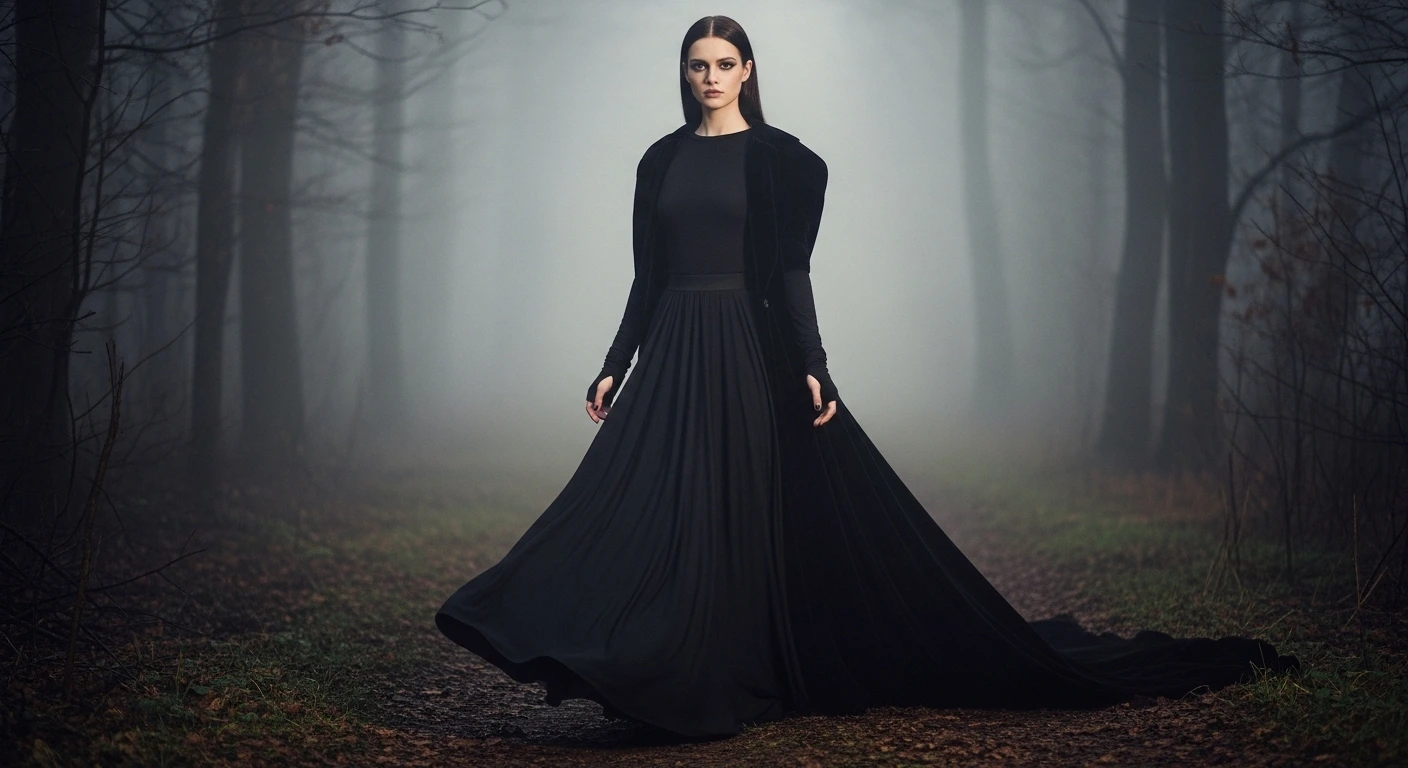 Gothic maxi skirt styling for haunting elegance and authority, featuring a flowing skirt and dramatic velvet coat in a misty setting.