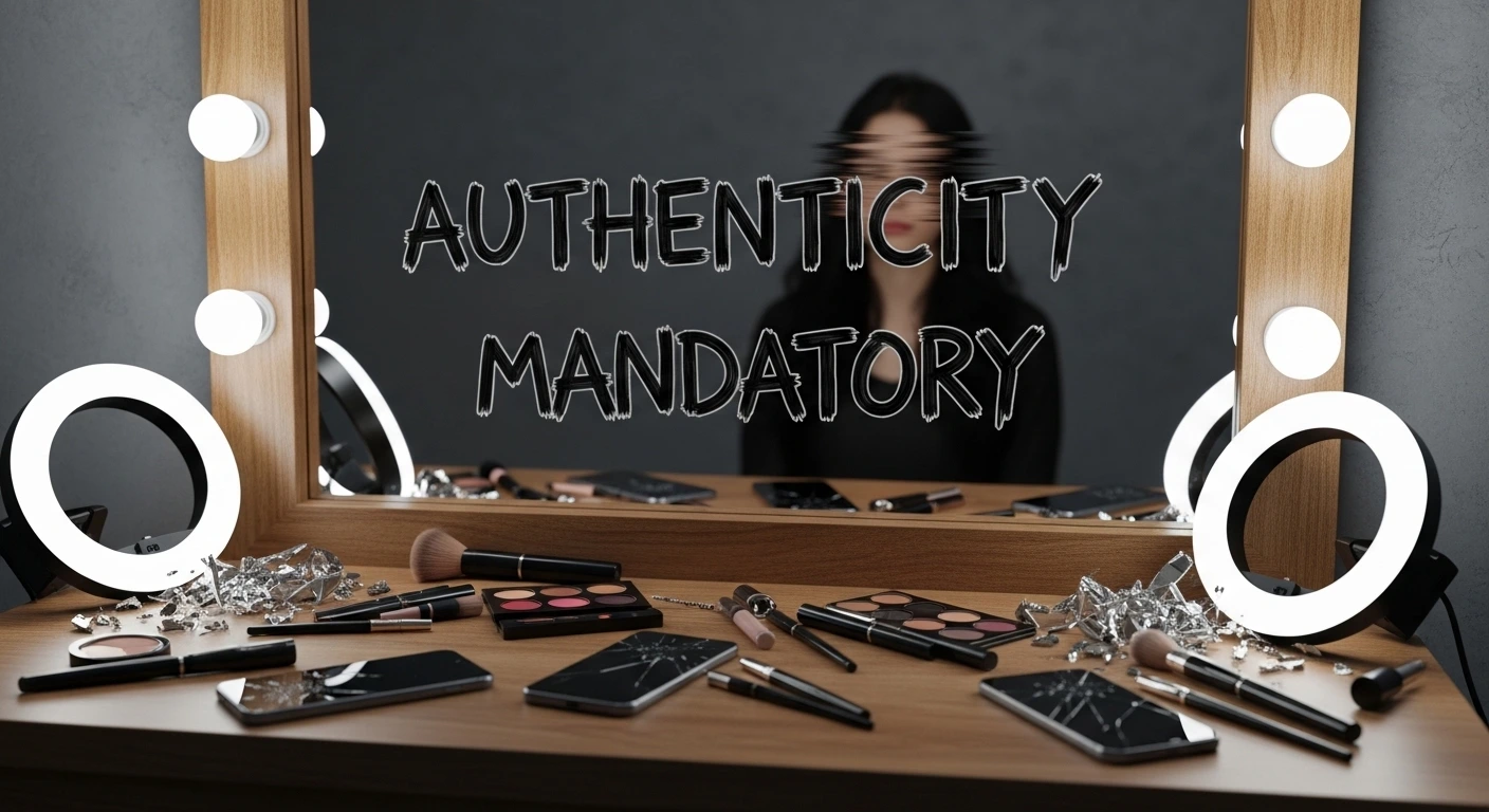 A broken vanity and shattered mirrors representing a social media conformity critique and the rejection of fakes.