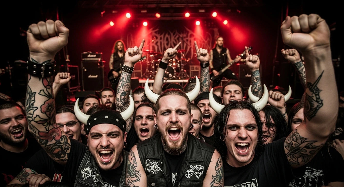 Diverse crowd of Venomous Sin sinners in a mosh pit, celebrating individuality and anti-conformity at a live metal show.