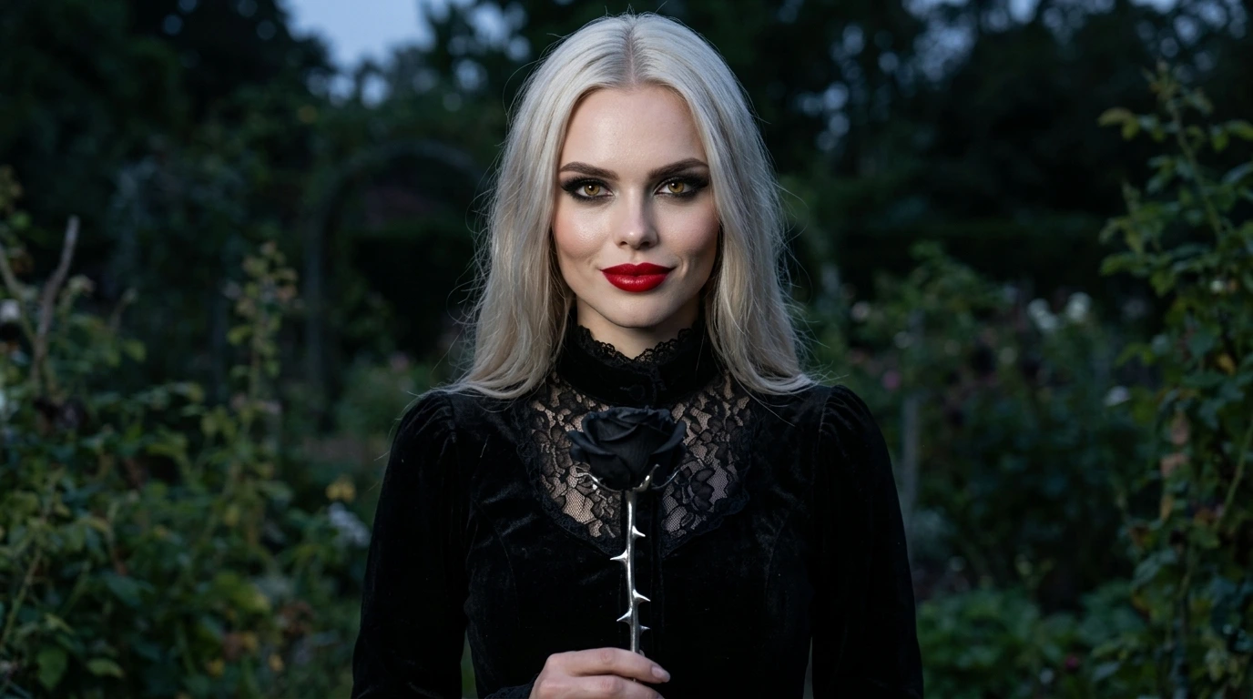 A woman with a fake smile holding a thorny rose for weaponized compliments.