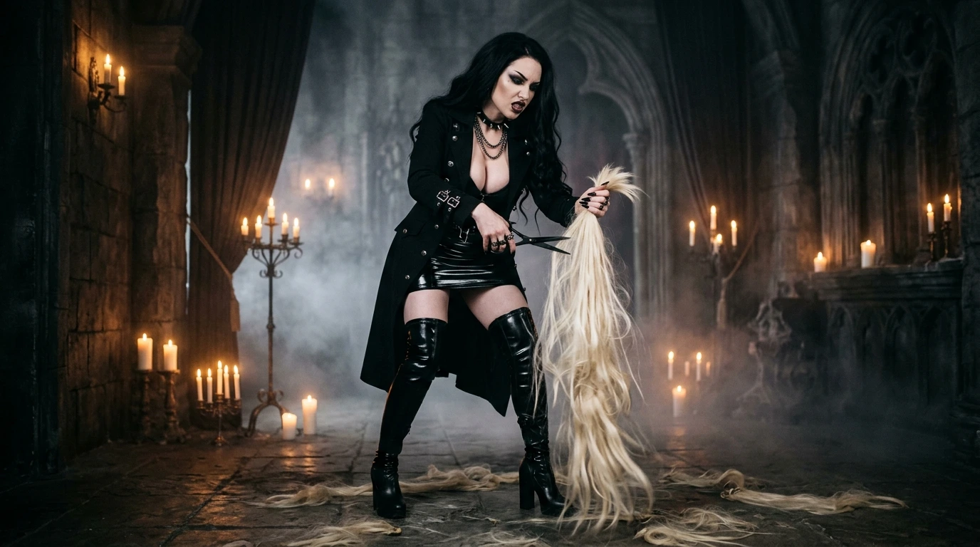 Dark metal aesthetic clothing guide: gothic woman in PVC cutting blonde hair for transformation