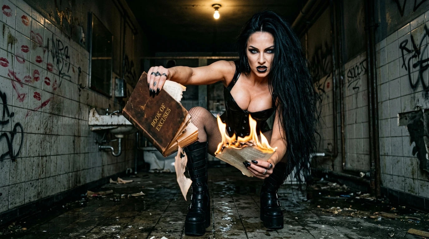 Venomous Sin guide to brutal self-ownership and personal rebellion: gothic woman burning excuses in defiant bathroom ritual
