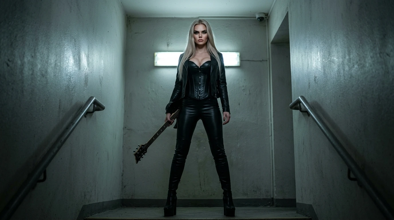 Sheila Moongrave silent vengeance techniques portrayed as cold precision in a stairwell with guitar and surveillance camera