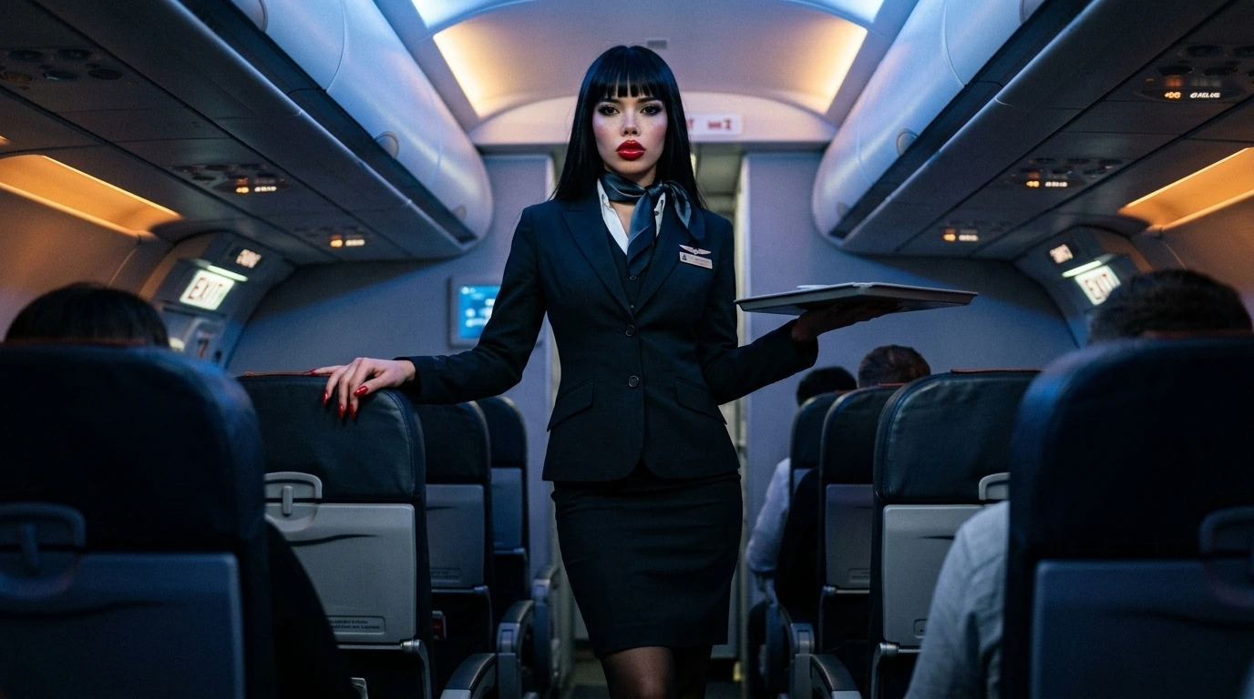 Zariel Graveborn journey from flight attendant to dominatrix in Venomous Sin shown in a dark airline cabin