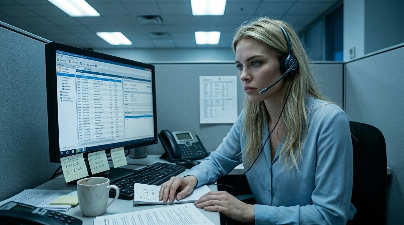 surviving telemarketing rejections as a woman in a call center cubicle