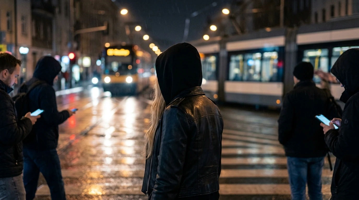 Surveillance evasion urban justice shown by a hooded figure moving through rain, avoiding phone glow and city cameras