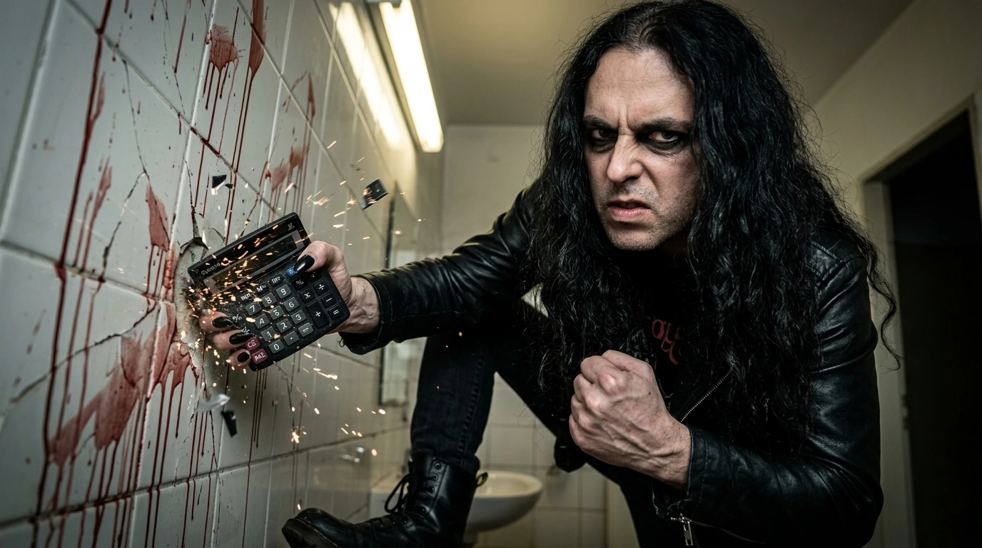 Venomous Sin Declares War: metalhead man crucifucking calculator in raw rebellion against conformity