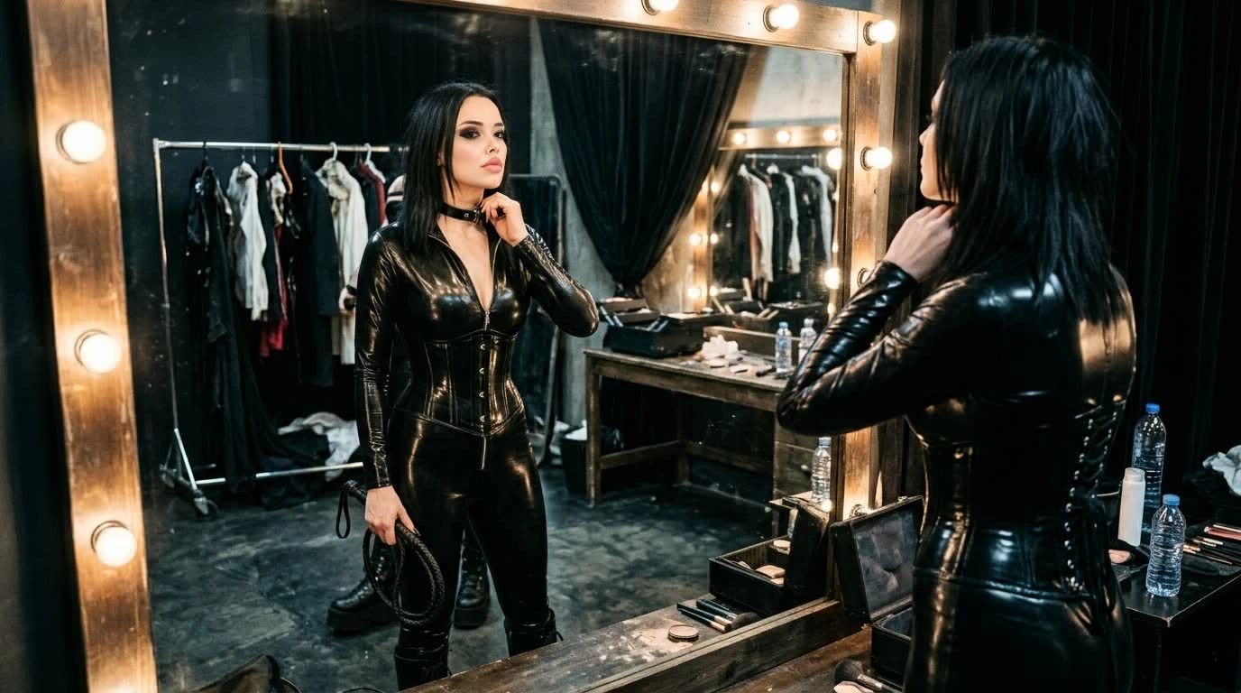 Zariel Graveborn backstory expressed through a backstage transformation into a latex-clad dominatrix