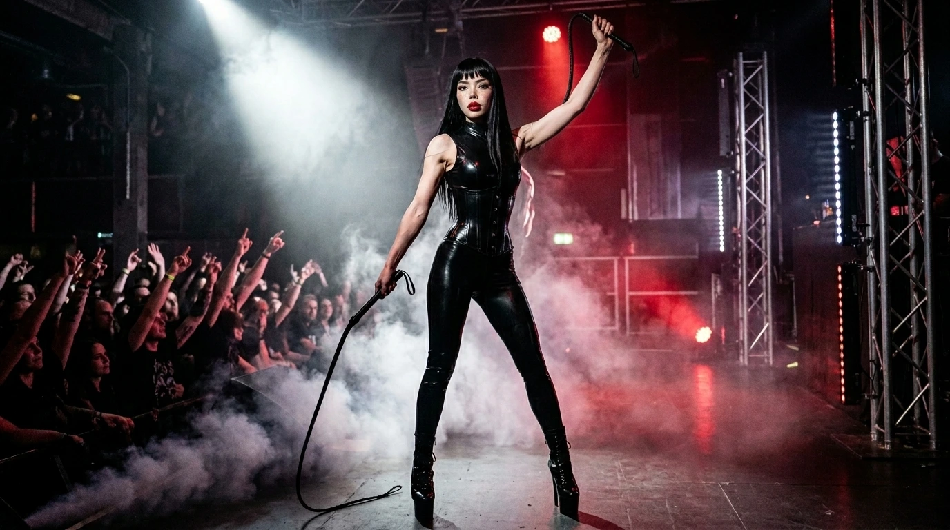 Venomous Sin dancer commanding the stage in a raw industrial metal performance