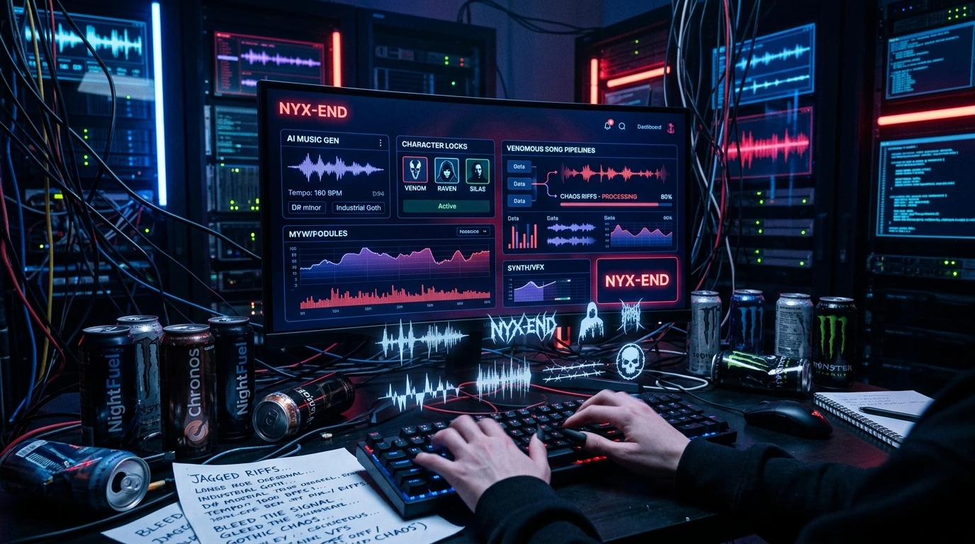 NYX-END AI music creation: futuristic dashboard forging Venomous Sin's brutal metal rebellion